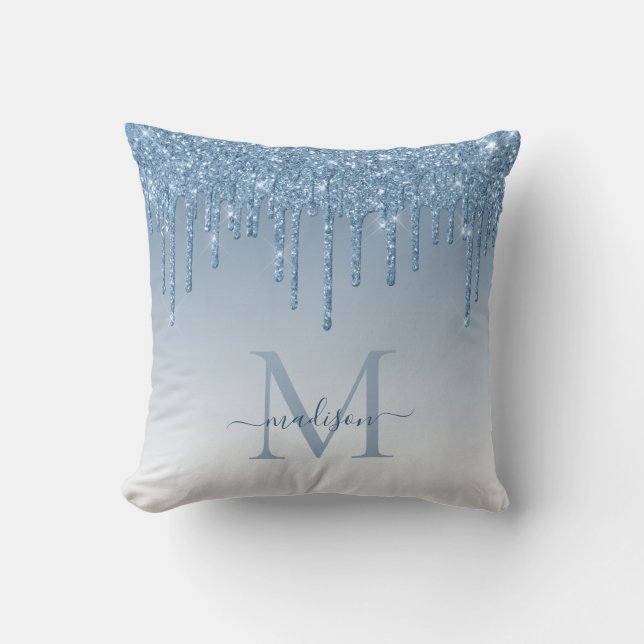 Almofada Brilho Azul Chic Poeira Monograma Glam Script (Frente)