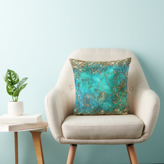 Almofada Brilho Dourado Azul Turquesa Pedra Preciosa Fogo G (Cadeira)