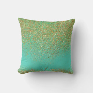 Almofada Brilho Dourado em Cascata & Glam Água Teal Moderno
