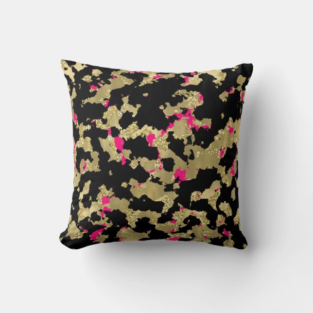 Almofada Brilho Dourado Preto Rosa Quente Abstrato Descasca (Frente)