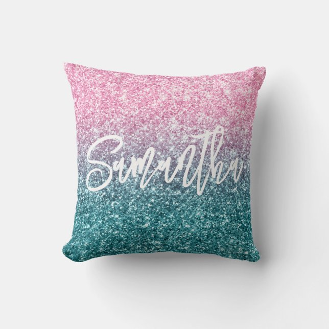 Almofada Brilho Luxo Rosa Claro Gradiente Glitter Azul Turq (Frente)