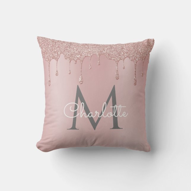 Almofada Brilho Rosa Glitter Gotas Monograma Script Elegant (Frente)
