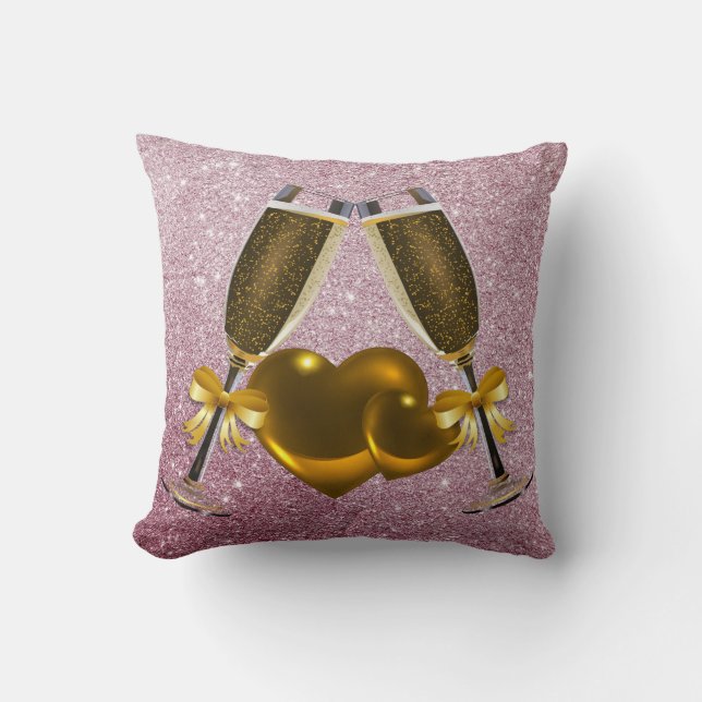 Almofada Brinde de Champanhe Corações Duplos Cor-de-Rosa Ci (Frente)