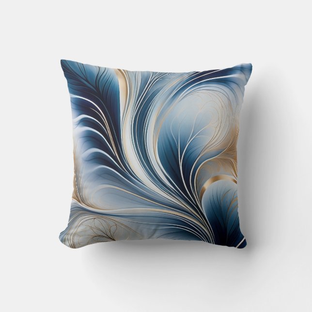 Almofada Brisa Dourada - Fluxo de Arte Abstrata Azul e Dour (Frente)