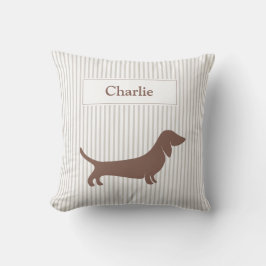 Almofada Brown Dachshund em Beige Stripes Nome Personalizad