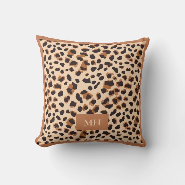 Almofada Brown Leopard Pattern Modern Initials Monogram (Frente)