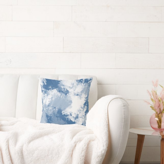 Almofada Brushstrokes Abstrato Branco Azul Moderno (Sofá)