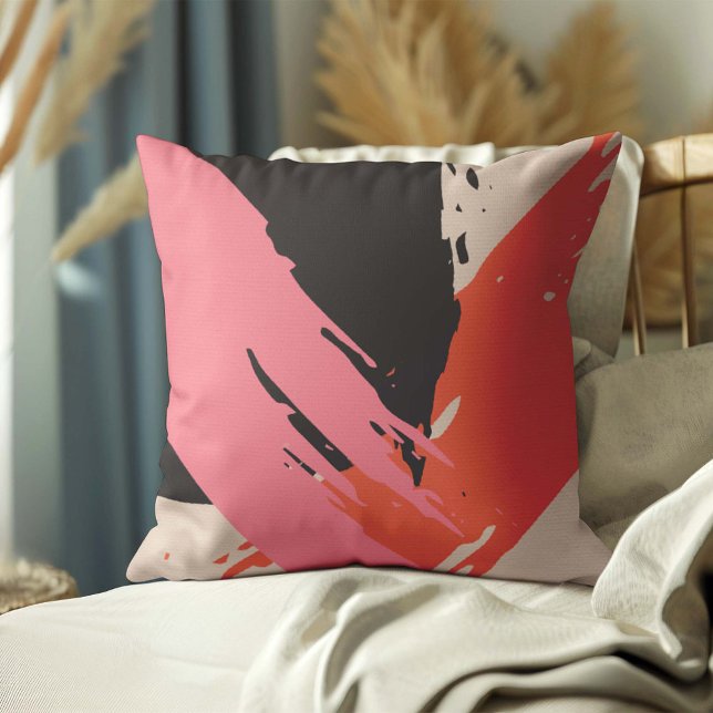 Almofada Brushstrokes modernas - Rosa, Pêssego e Preto em b (Criador carregado)