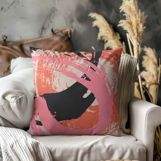 Almofada Brushstrokes modernas - Rosa, Pêssego e Preto em b (Criador carregado)