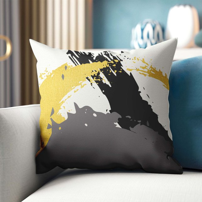 Almofada Brushstrokes modernos - Dourado, Cinza e Preto (Criador carregado)