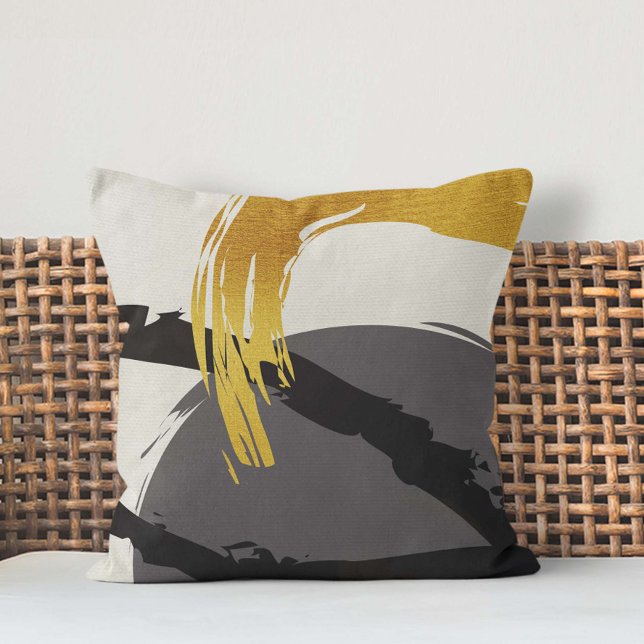 Almofada Brushstrokes modernos - Dourado, Cinza e Preto (Criador carregado)