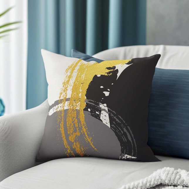 Almofada Brushstrokes modernos - Dourado, Cinza e Preto (Criador carregado)