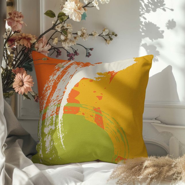 Almofada Brushstrokes Modernos - Laranja, Verde e Amarelo (Criador carregado)