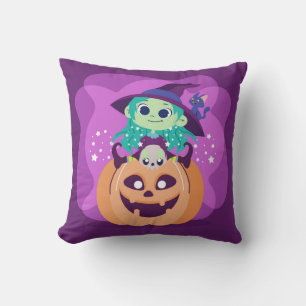 Almofada Bruxa Bonita de Halloween em Pumpkin e Gato Louco