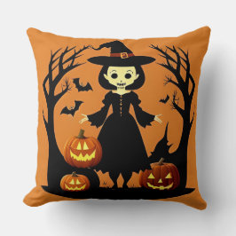 Almofada Bruxa de Halloween com Pumpkins em Spooky Setting