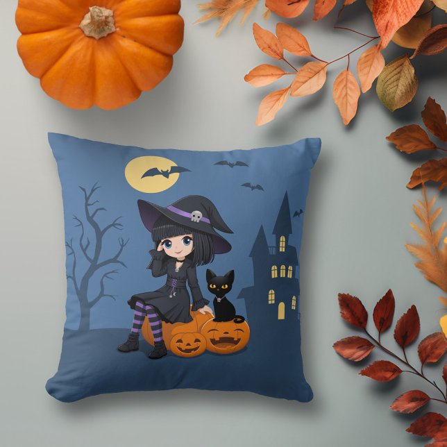 Almofada Bruxa de Halloween, Gato Preto e Abóboras Curvadas (Criador carregado)