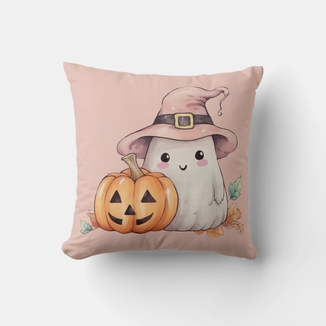 Almofada Bruxa Fantasma Abóbora Luz Rosa Halloween (Frente)