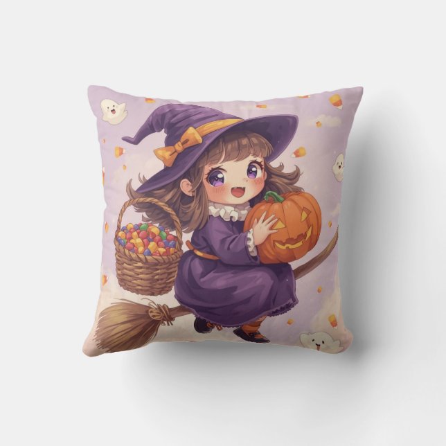 Almofada Bruxa Fofa com Travesseiro de Abóbora de Halloween (Verso)
