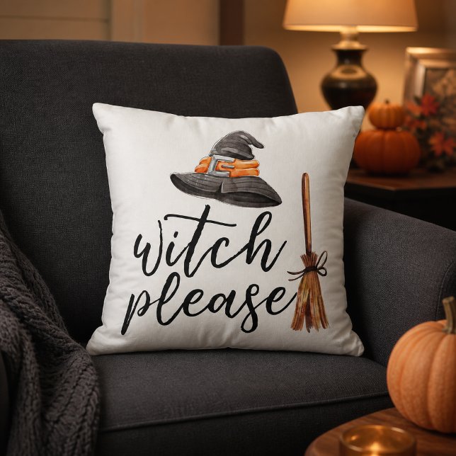 Almofada Bruxa, Por Favor, Aquarela Halloween Branco (Add a mischievous bit of magic to your Halloween decorating with this “Witch Please” throw pillow.)