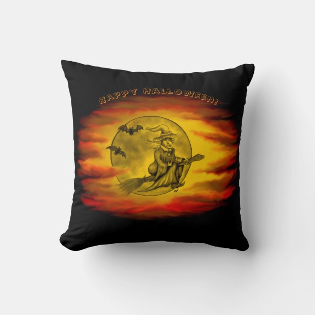 Almofada bruxa voadora com gato preto, noite de halloween (Frente)