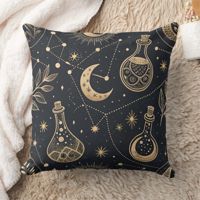 Almofada Bruxaria Celestial - Lua Dourada, Frascos de Poção (Cobertor)