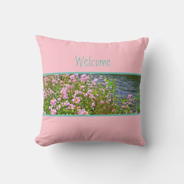 Almofada Bubblegum rosa, teal, flores, bem-vindos, suas pal (Frente)