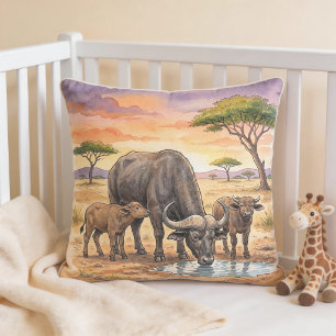 Almofada Búfalo Africano Mamãe e Bezerros Animais de Safari