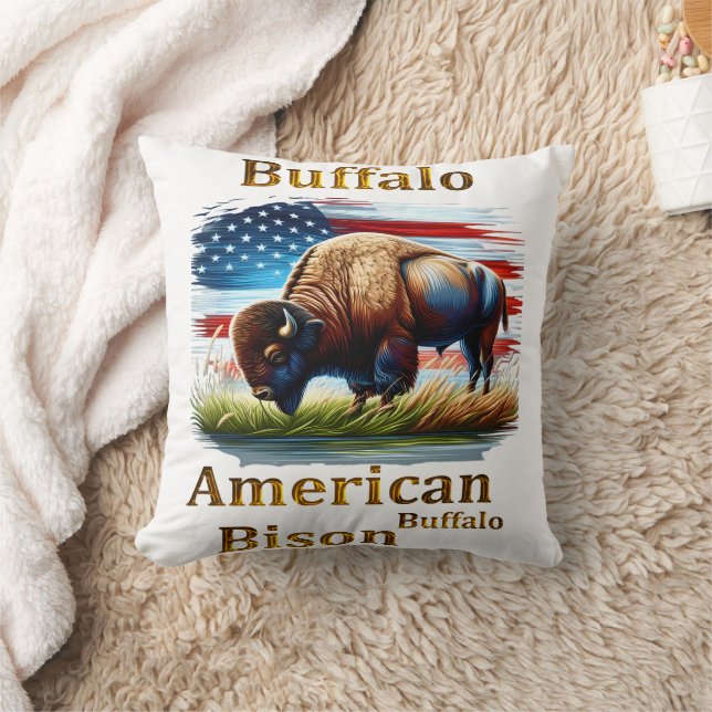 Almofada Buffalo em campo de grama com bandeira americana (Cobertor)