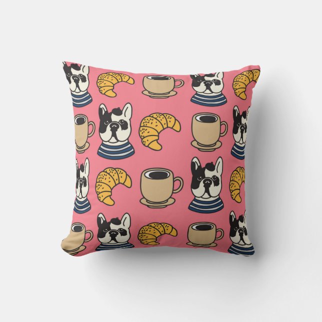 Almofada Buldogue francês, café, tema croissant. (Frente)