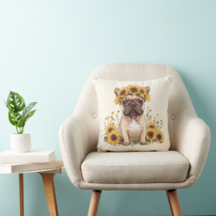 Almofada Buldogue Francês Cercado Por Girassóis