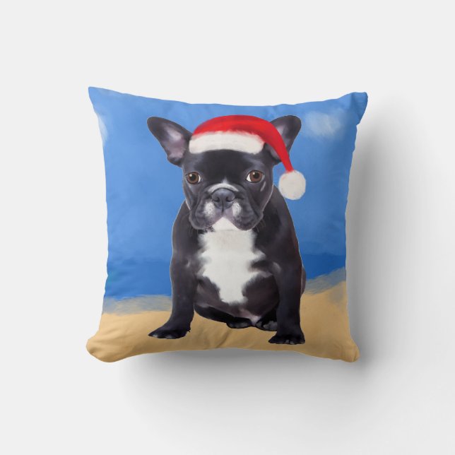 Almofada Buldogue Francês com Papai Noel no Natal (Frente)