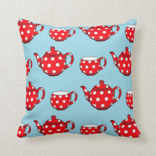 Almofada Bule de chá vermelho picante e padrão azul de Co