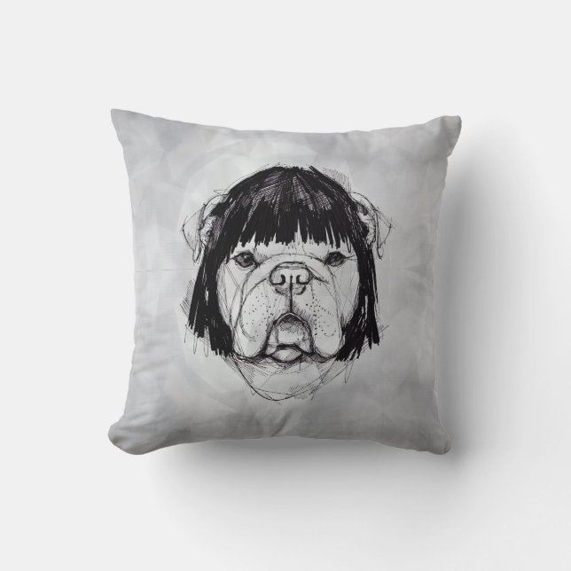 Almofada Bulldog com uma Peruca (Estilo 6) Arte Fina (Frente)
