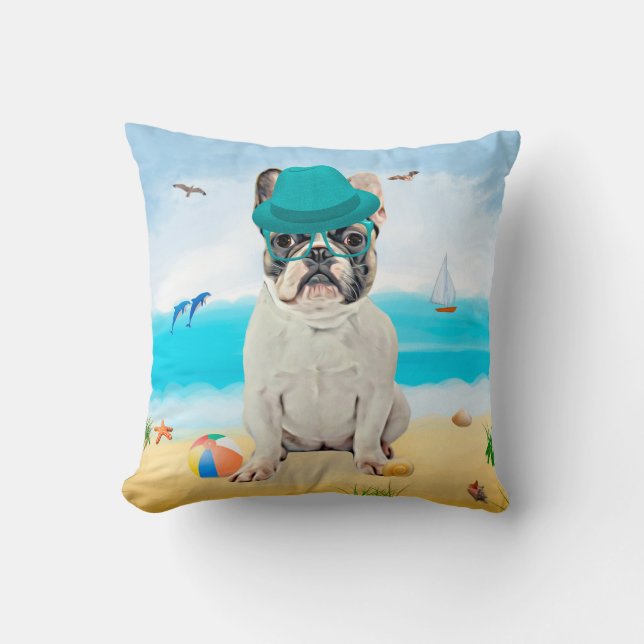 Almofada Bulldog Francês na Praia (Frente)