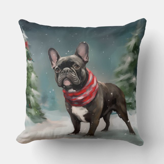 Almofada Bulldog Francês no Natal da Neve (Frente)