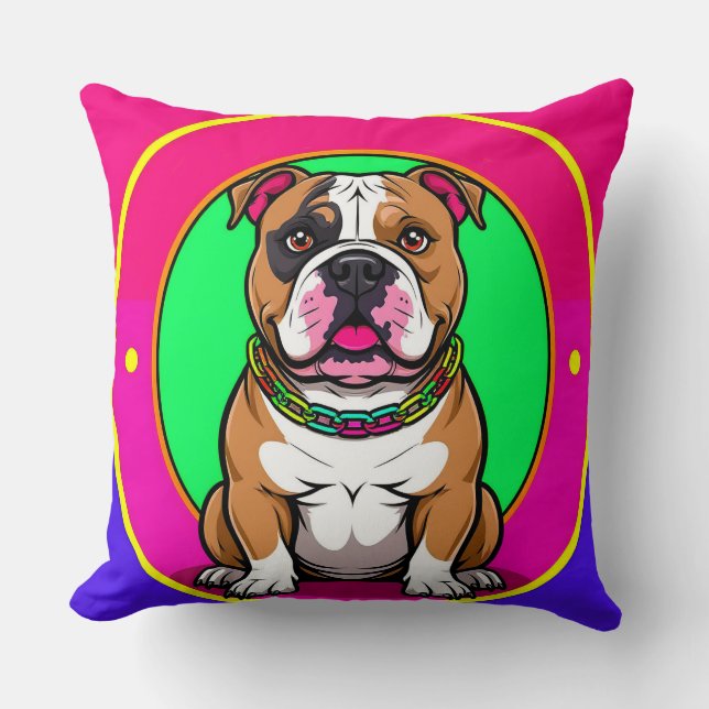 Almofada Bulldog Inglês em um Fundo Vibrante (Frente)