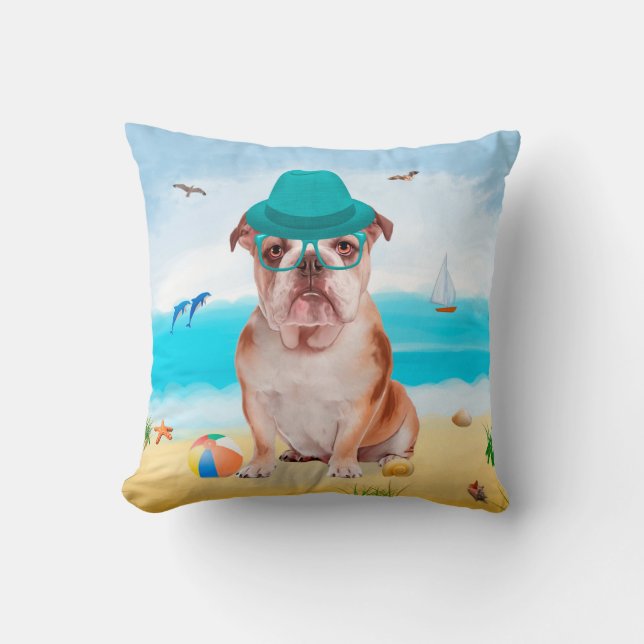 Almofada Bulldog Inglês na Praia (Frente)