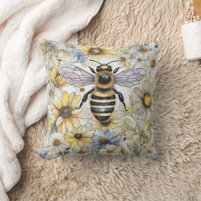 Almofada Bumble Bee primavera floral pintado. (Cobertor)