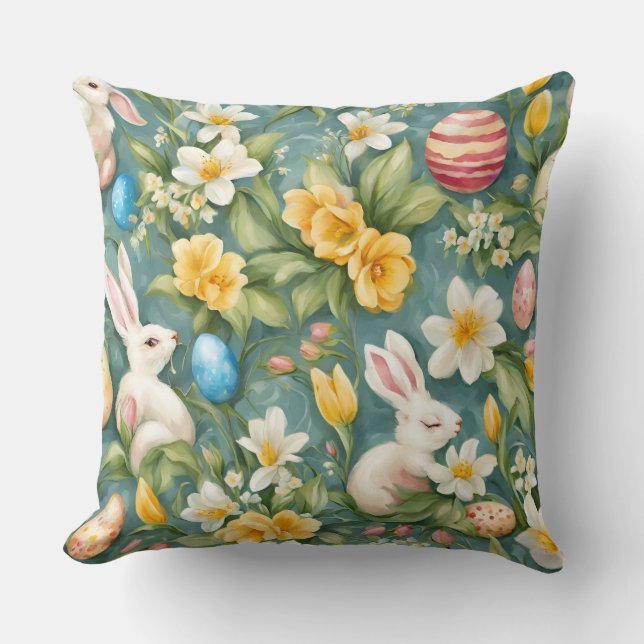 Almofada Bunnies, Flores de primavera e Ovos de Páscoa. Pin (Frente)