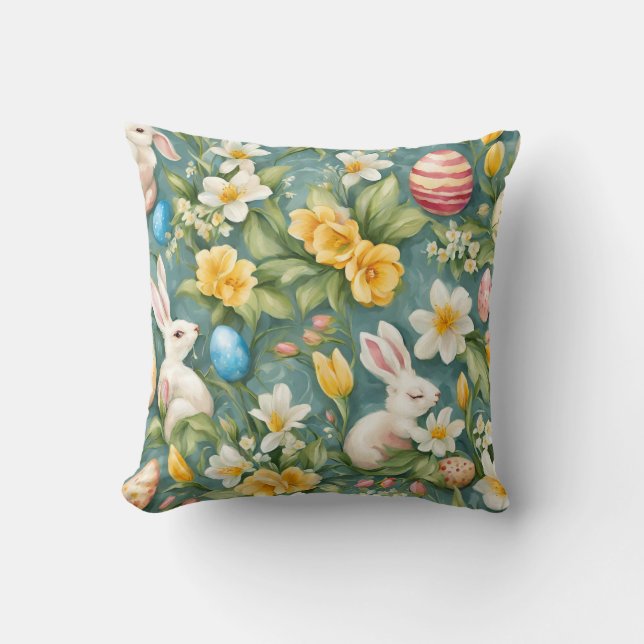 Almofada Bunnies, Flores de primavera e Ovos de Páscoa. Pin (Frente)