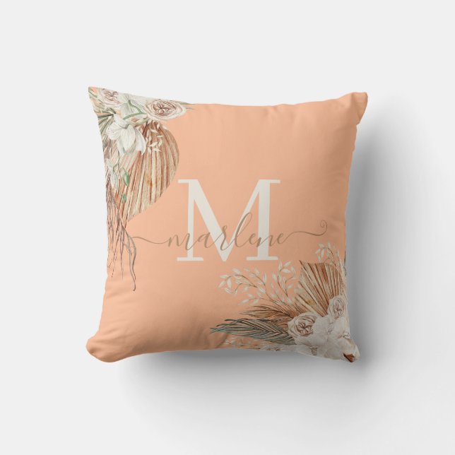 Almofada Buquê de Aquarela Boho Monogramado Peach Fuzz  (Frente)