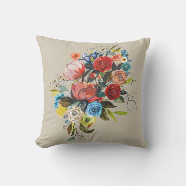 Almofada Buquê de Aquarela Doce Bege Personalizável (Frente)