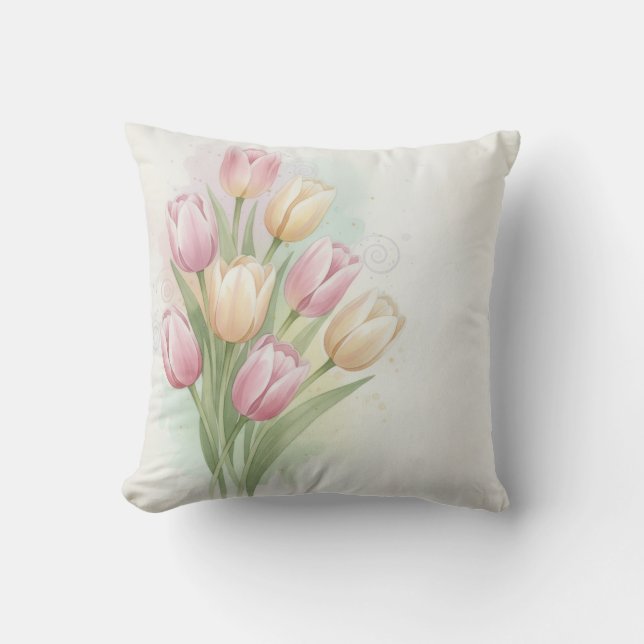 Almofada Buquê de Flores de Tulipa Rosa e Amarela (Frente)