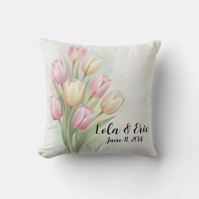 Almofada Buquê de Flores de Tulipa Rosa e Amarela Aniversár (Frente)