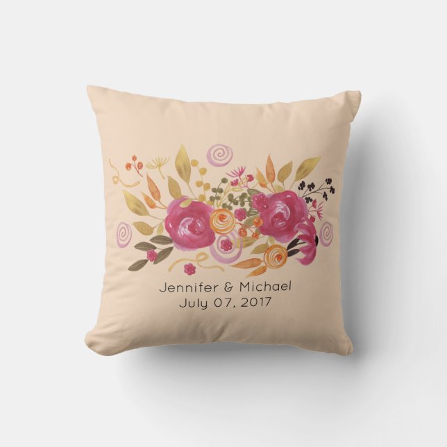 Almofada Buquê de Flores Rosa e Laranja sobre Fundo de Pêss (Frente)