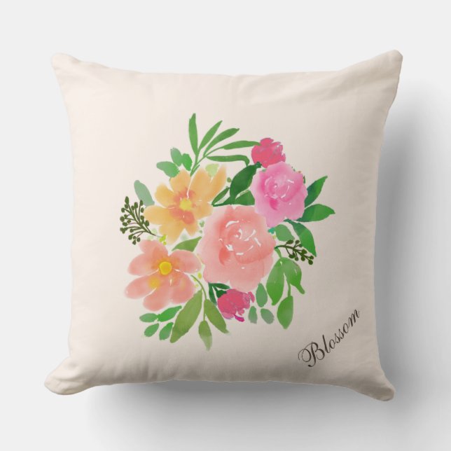 Almofada Buquê de Flores Rosa em Aquarela sobre Marfim (Frente)