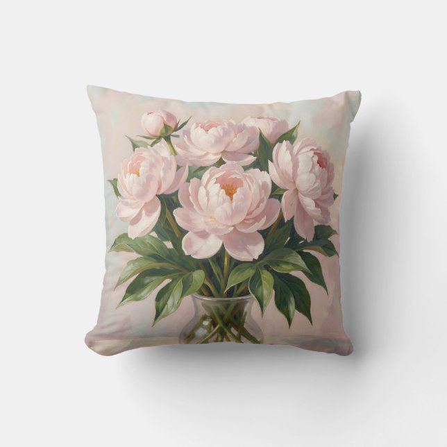Almofada Buquê de Peônia Rosa Bege Romântico Floral  (Frente)