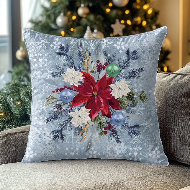 Almofada Buquê de Poinsettia Azul no Natal (Criador carregado)