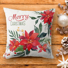 Almofada Buquê de Poinsettia Vermelha com Aquarela Natal