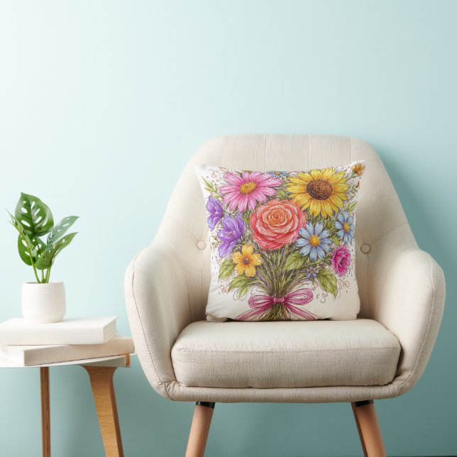 Almofada Buquê Floral - Arte no Estilo Rabiscado (Cadeira)